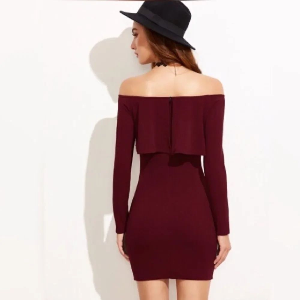 HP Burgundy Off The Shoulder Ruffle Bodycon Dress - Picture 2 of 7